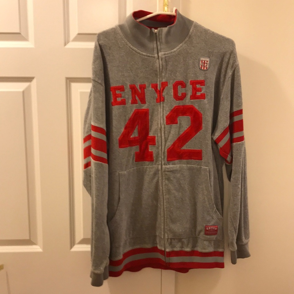 Vintage Y2K Enyce Old School Hip Hop Spellout Velour Red and Gray Track Jacket